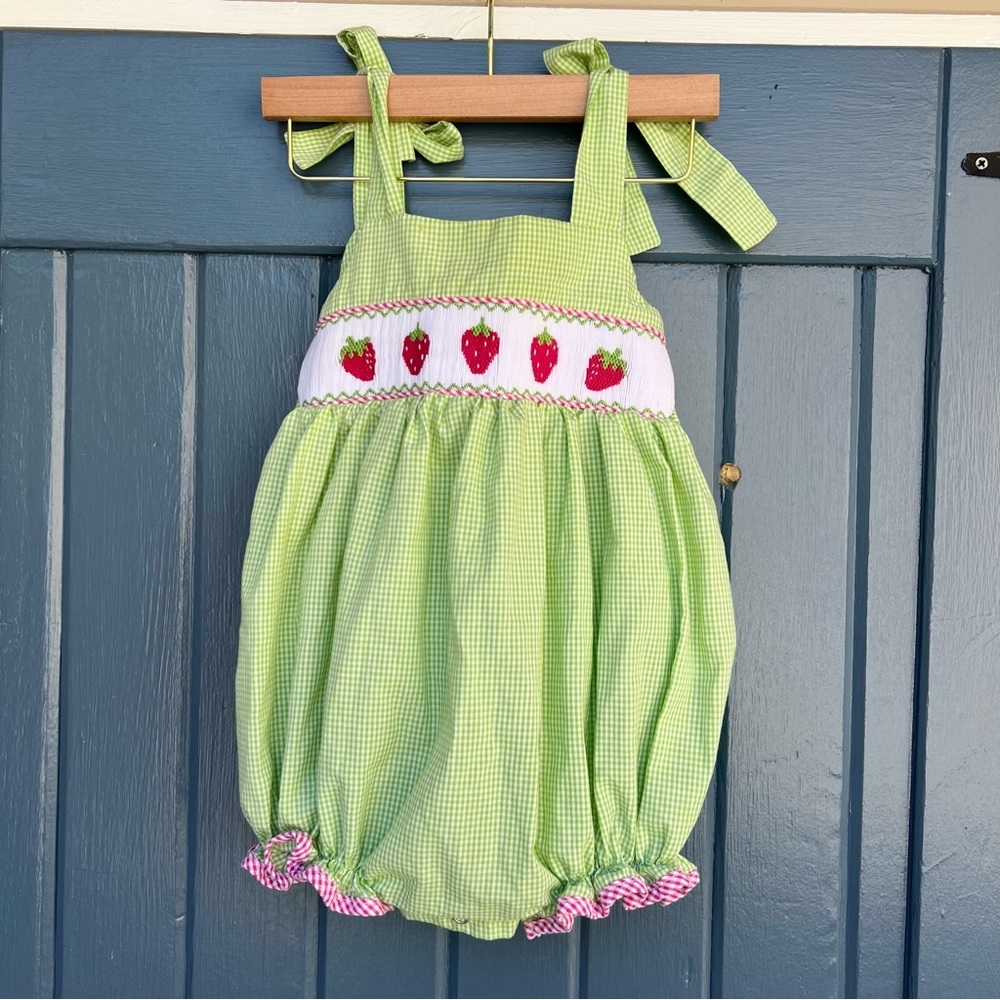LULU-BEBE Lime Gingham Strawberry Smocked Bubble Romper 12M